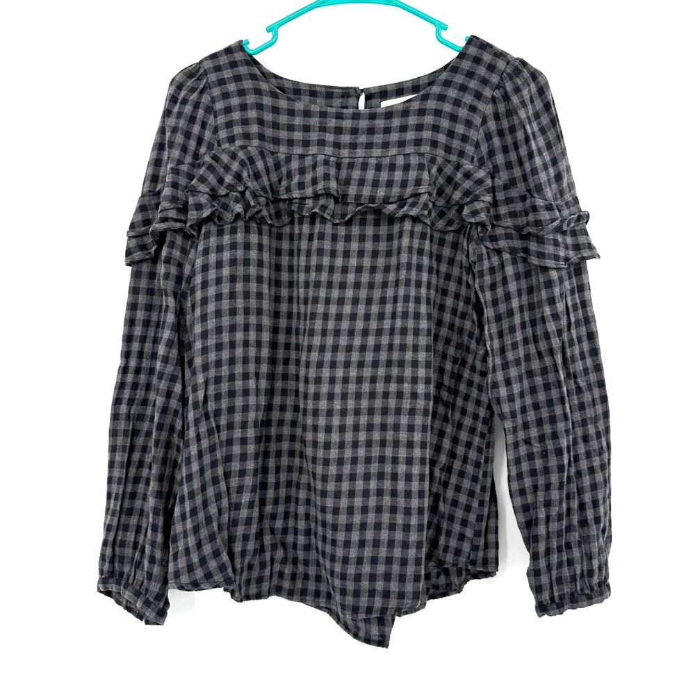 Loft Size Small Long Sleeve Blouse Top Shirt Gingham Print‎ Ruffle Detail